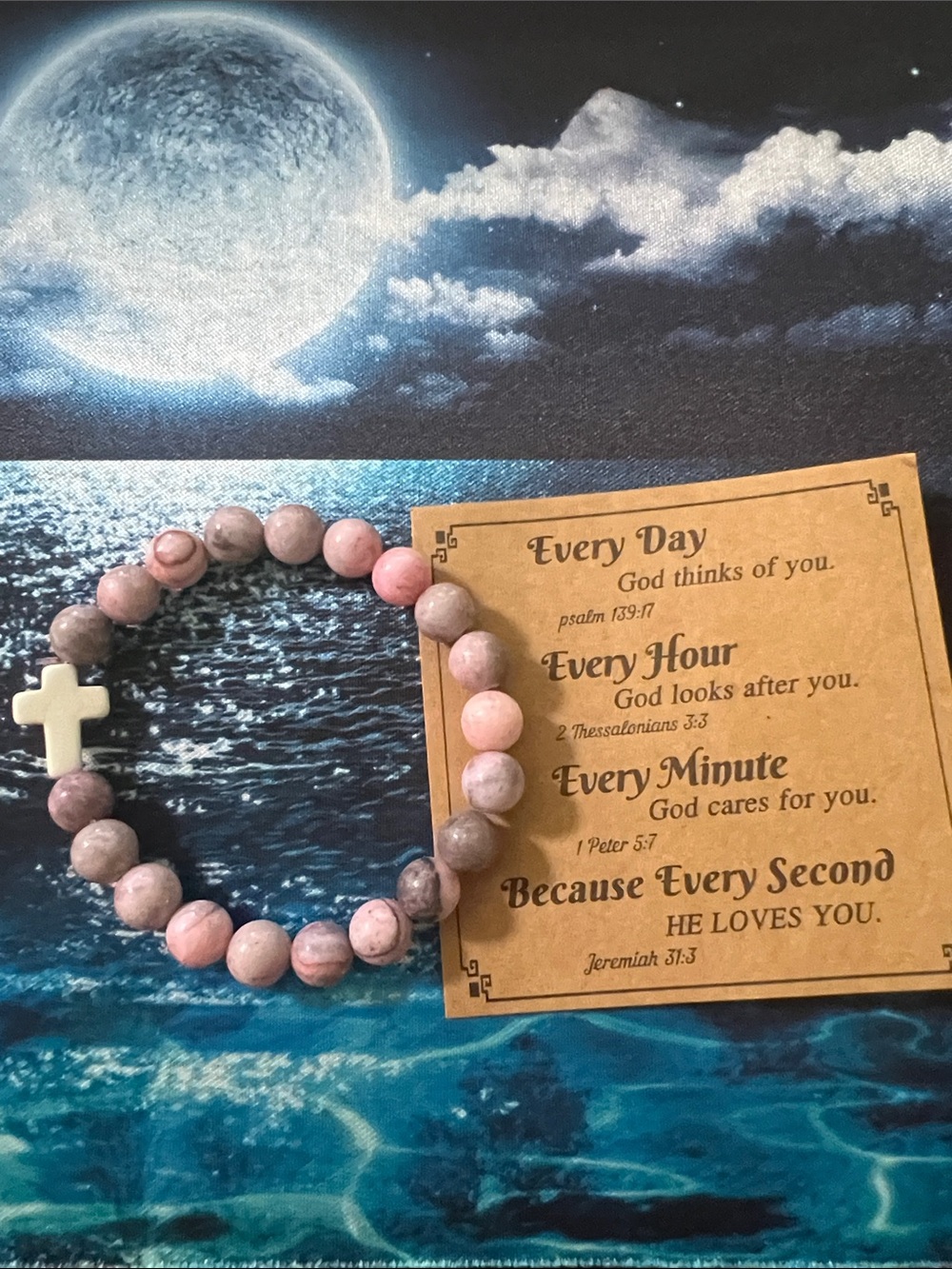 #2643**Pink and Gray Beaded Cross Stretch Bracelet - Picture 4 of 17
